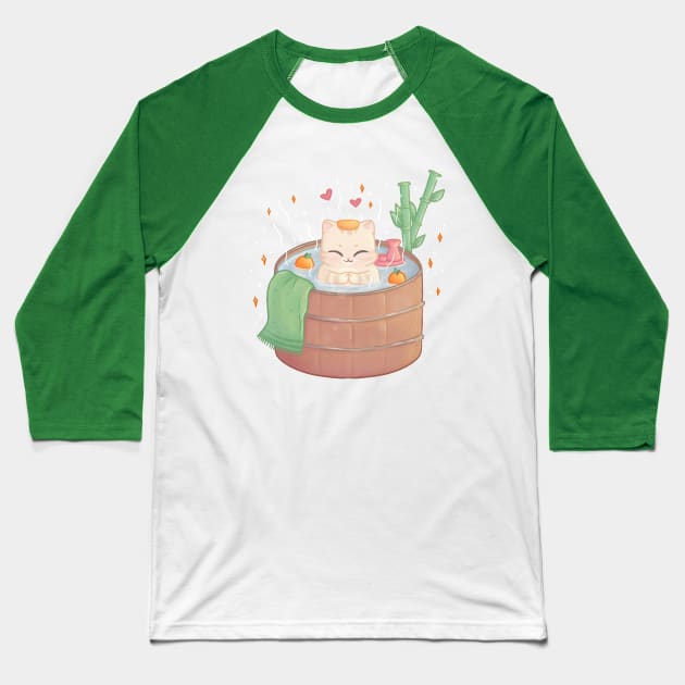 Hot Tub Onsen Cat Baseball T-Shirt by LenasScribbles